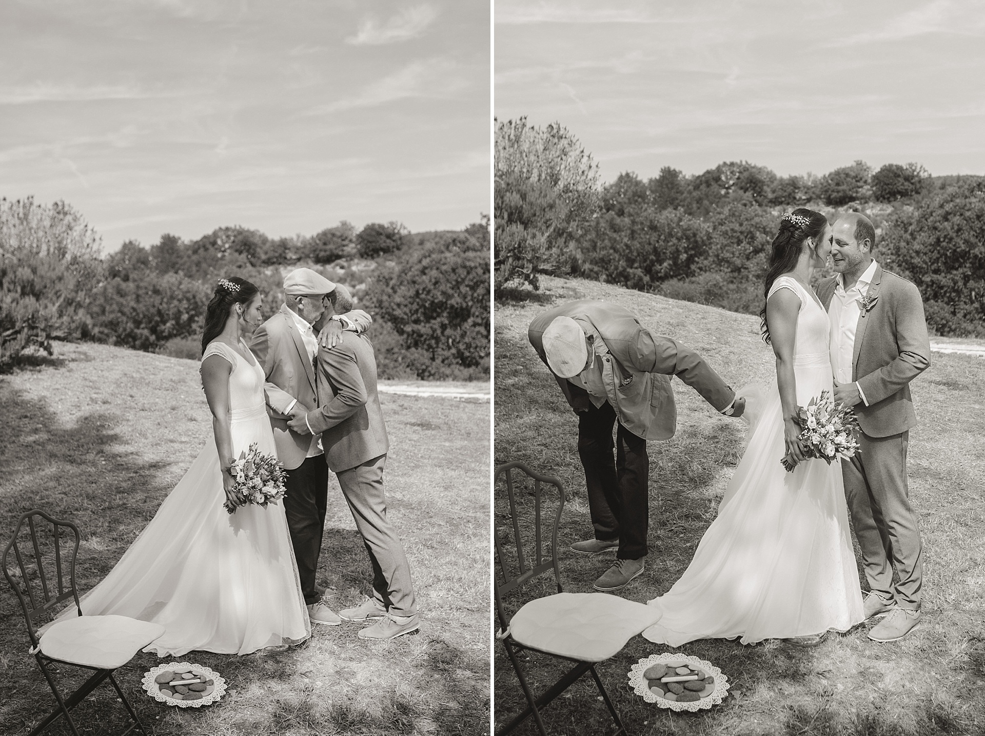 Traumhafte Hochzeit in der Provence. Brautvater übergibt seine Tochter dem Bräutigam.