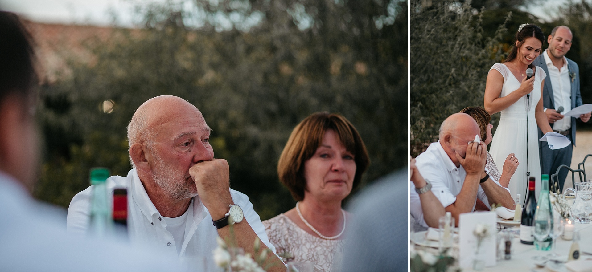 Traumhafte Hochzeit in der Provence. Die emotionale Rede des Brautpaares. Der Brautvater ist sichtlich gerührt.